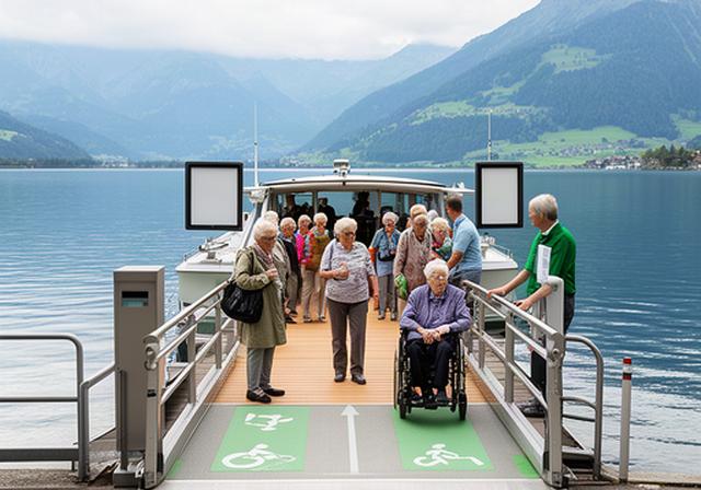 Passagiere beim geordneten Boarding an einer Anlegestelle am Thunersee mit Rampe und Wartebereich