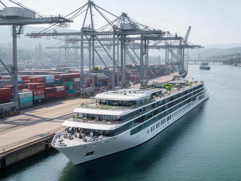 Kreuzfahrtschiff am Basler Hafen neben Containerterminal und Umschlagskränen
