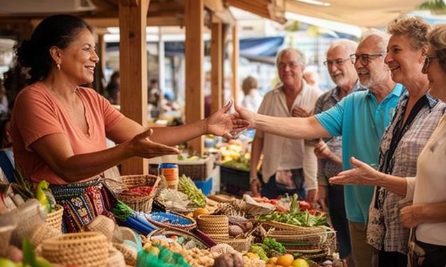 Lokale Anbieterin begrüsst Kreuzfahrtgäste auf einem regionalen Markt