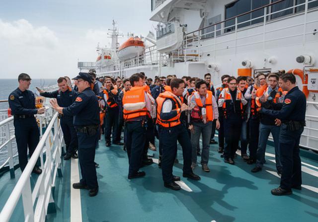 Crew und Passagiere bei einer geordneten Sicherheitsübung auf dem Außendeck eines Kreuzfahrtschiffs