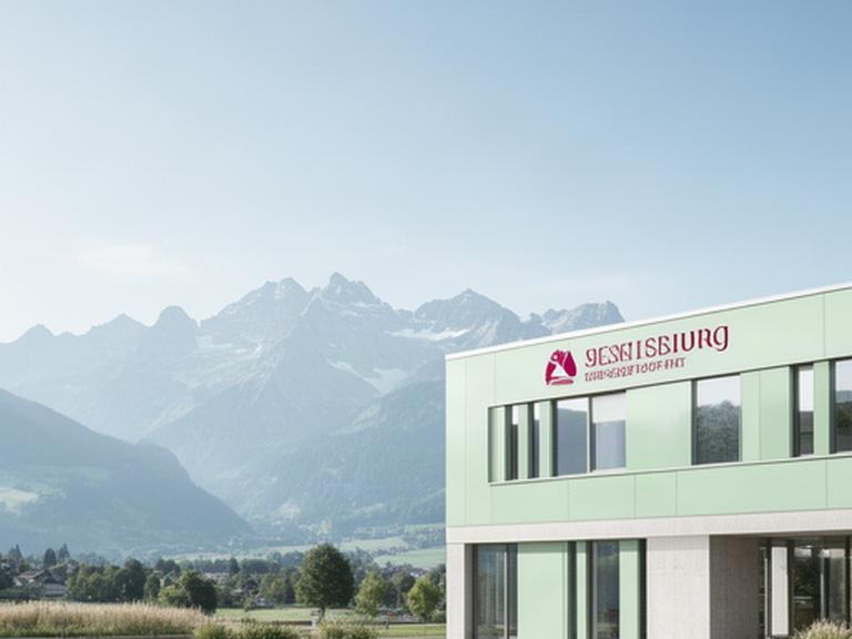 Bürogebäude in Steffisburg bei Bern mit Blick auf die Schweizer Alpen und klarer moderner Architektur