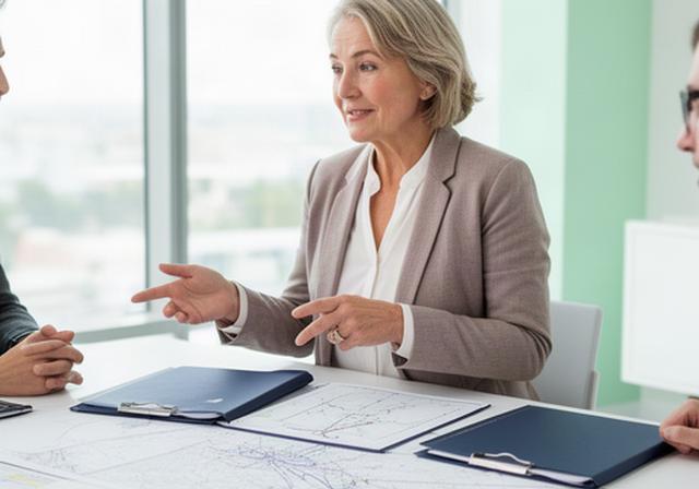 Senior-Beraterin Adinda Kapferer bei einer Besprechung mit Seekarten und Projektunterlagen in einem hellen Büro